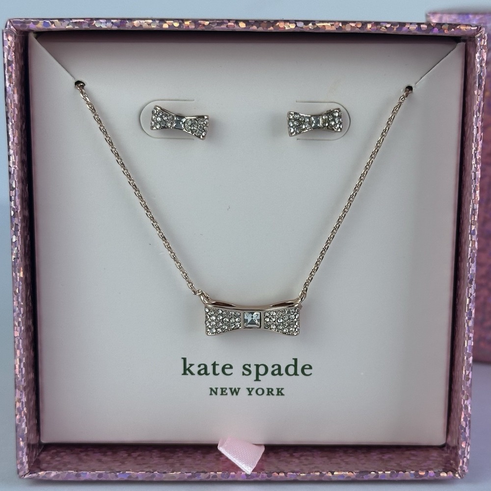 Kate Spade Ready Set Bow Pendant Necklace & Studs Earring Boxed Set Rose Gold